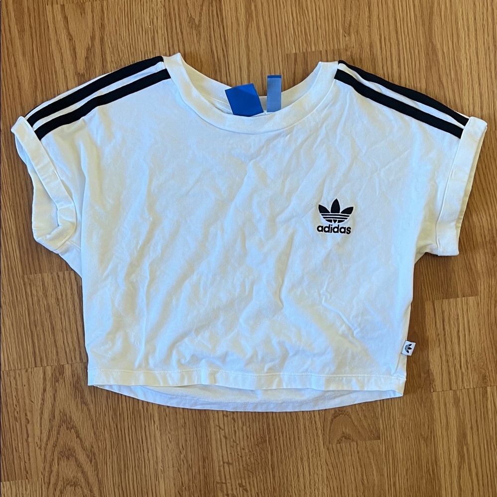 Adidas White Crop Tee with Black Stripes